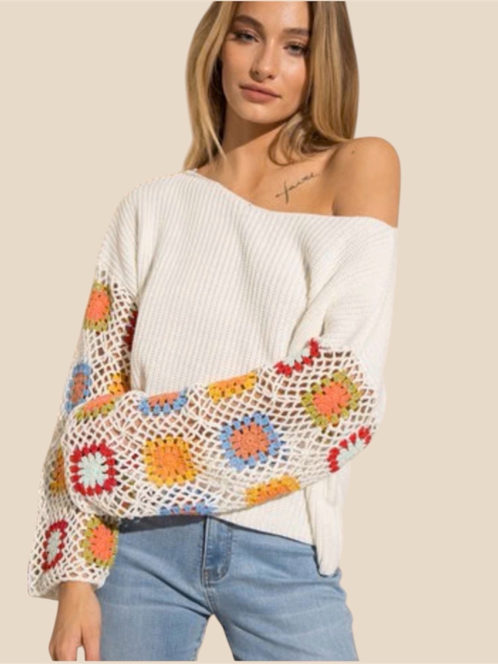 BaeVely Small Ivory Crochet Granny Off Shoulder Oversized Boho Knit Sweater S